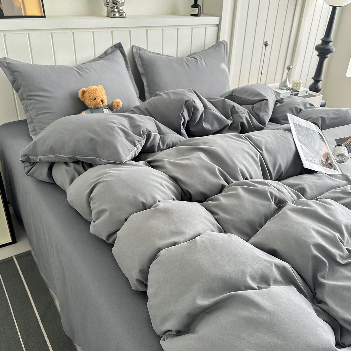 91家纺网 家纺一手货源 找家纺 佑泽家纺 2026新款亲肤水洗棉四件套 钻石灰