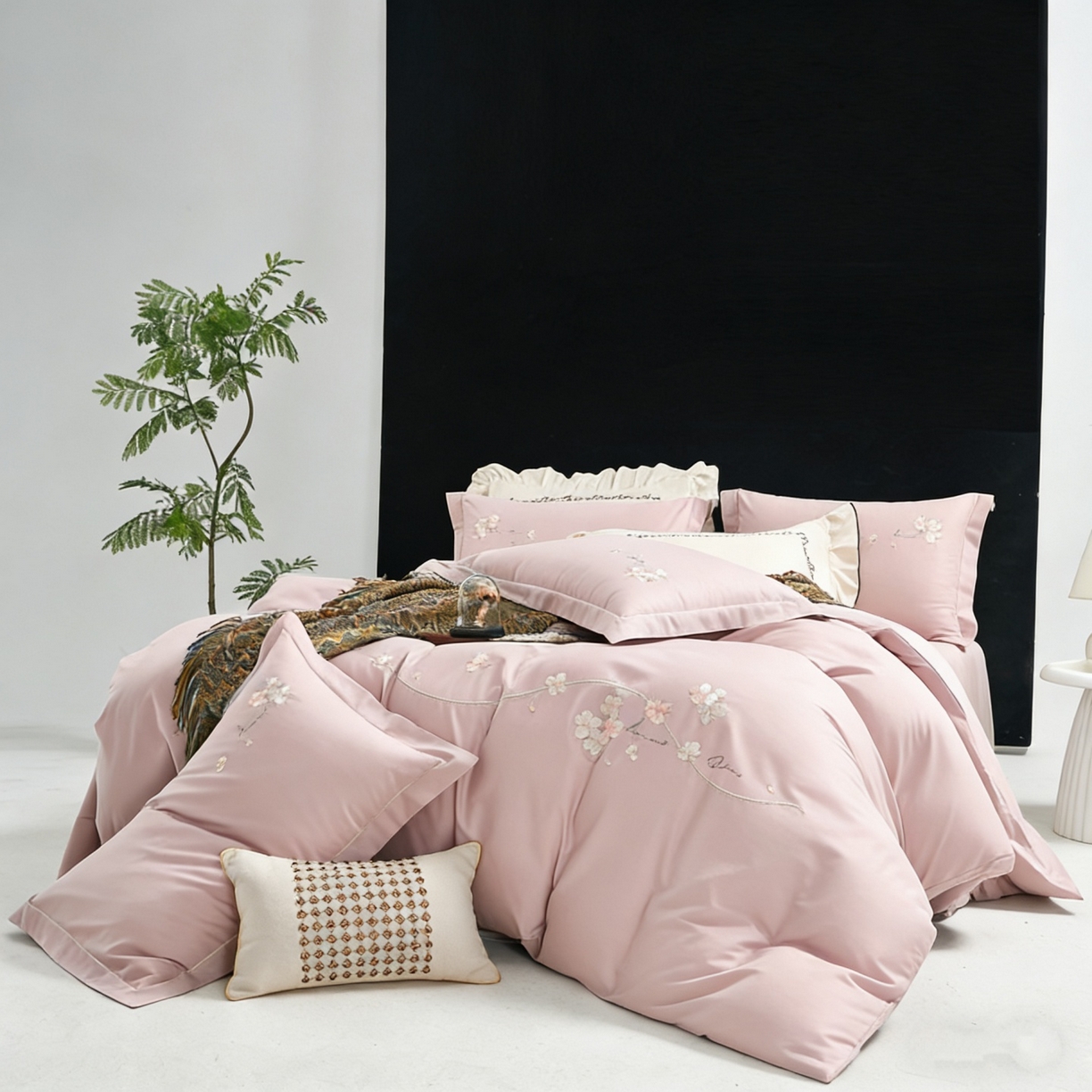 U品汇 2026全棉纯棉刺绣花四件套40支长绒棉100%棉礼盒包装 梦娜-优雅粉