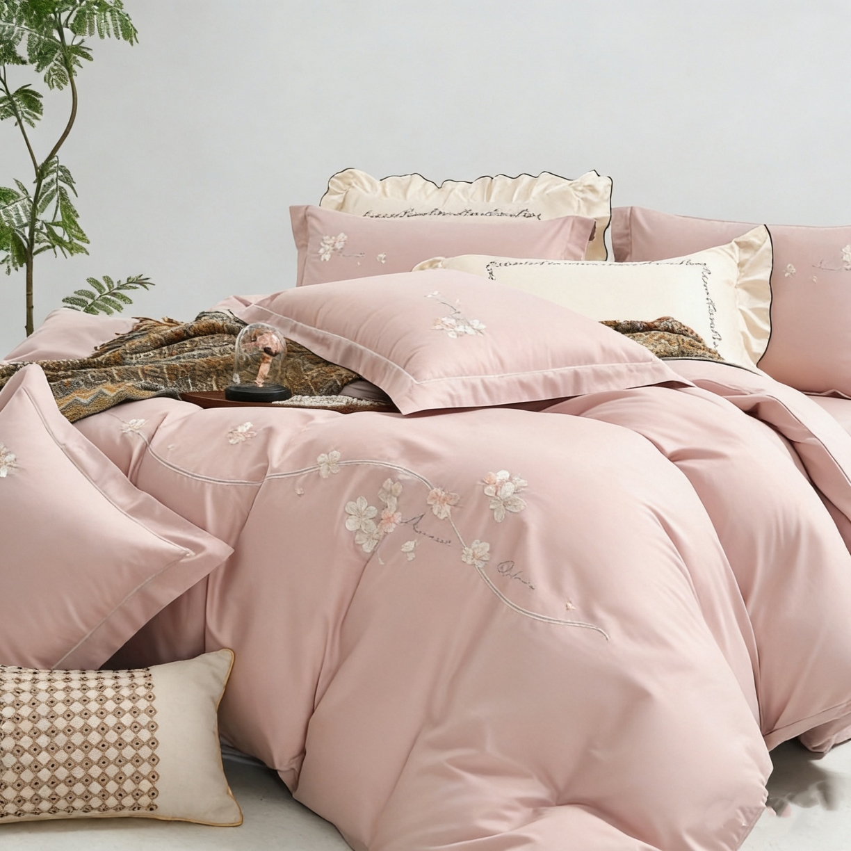 91家纺网 家纺一手货源 找家纺 U品汇 2026全棉纯棉刺绣花四件套40支长绒棉100%棉礼盒包装 梦娜-优雅粉