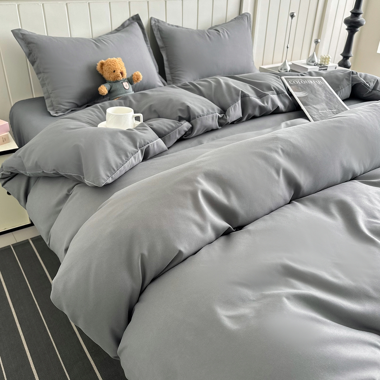 91家纺网 家纺一手货源 找家纺 佑泽家纺 2026新款亲肤水洗棉四件套 钻石灰