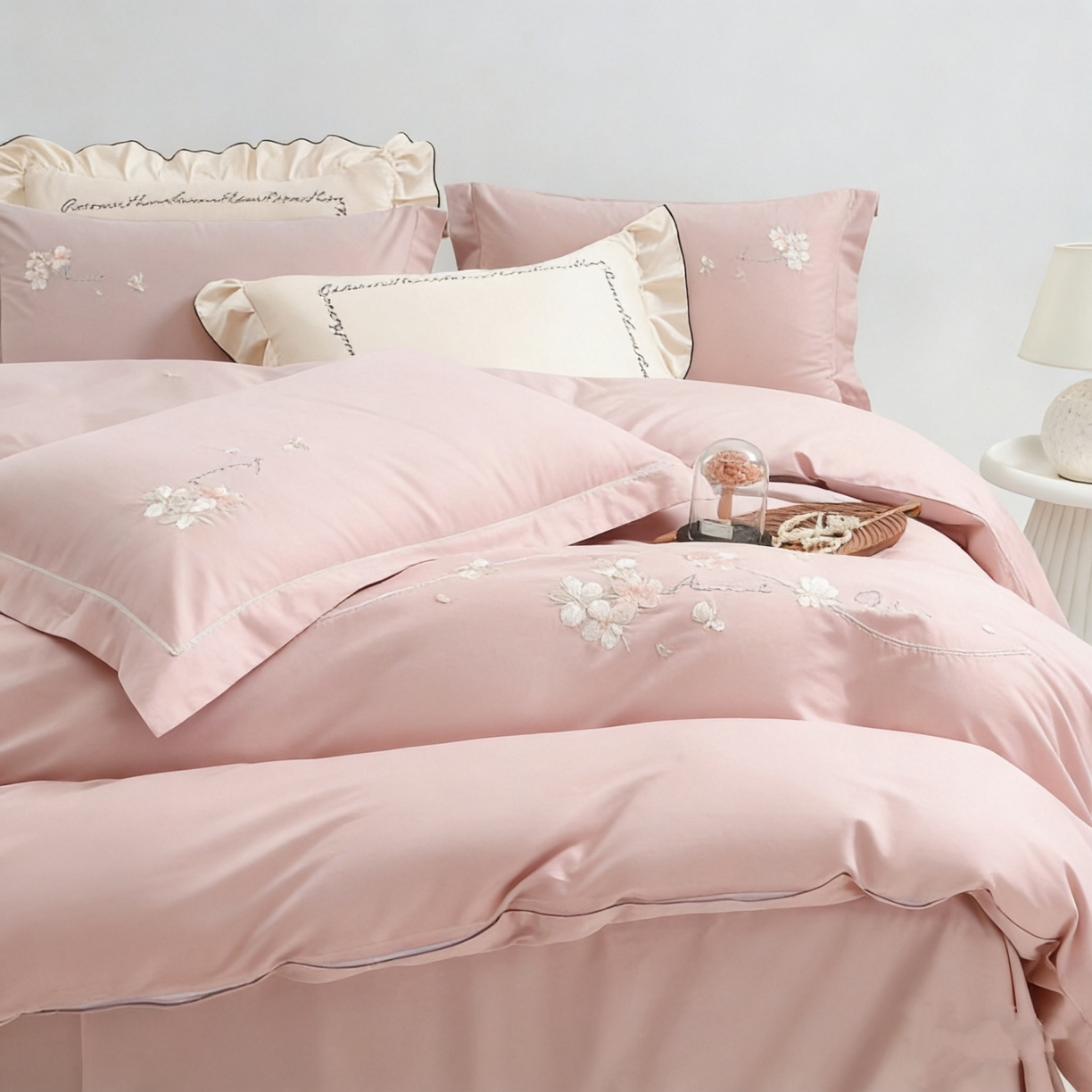 91家纺网 家纺一手货源 找家纺 U品汇 2026全棉纯棉刺绣花四件套40支长绒棉100%棉礼盒包装 梦娜-优雅粉