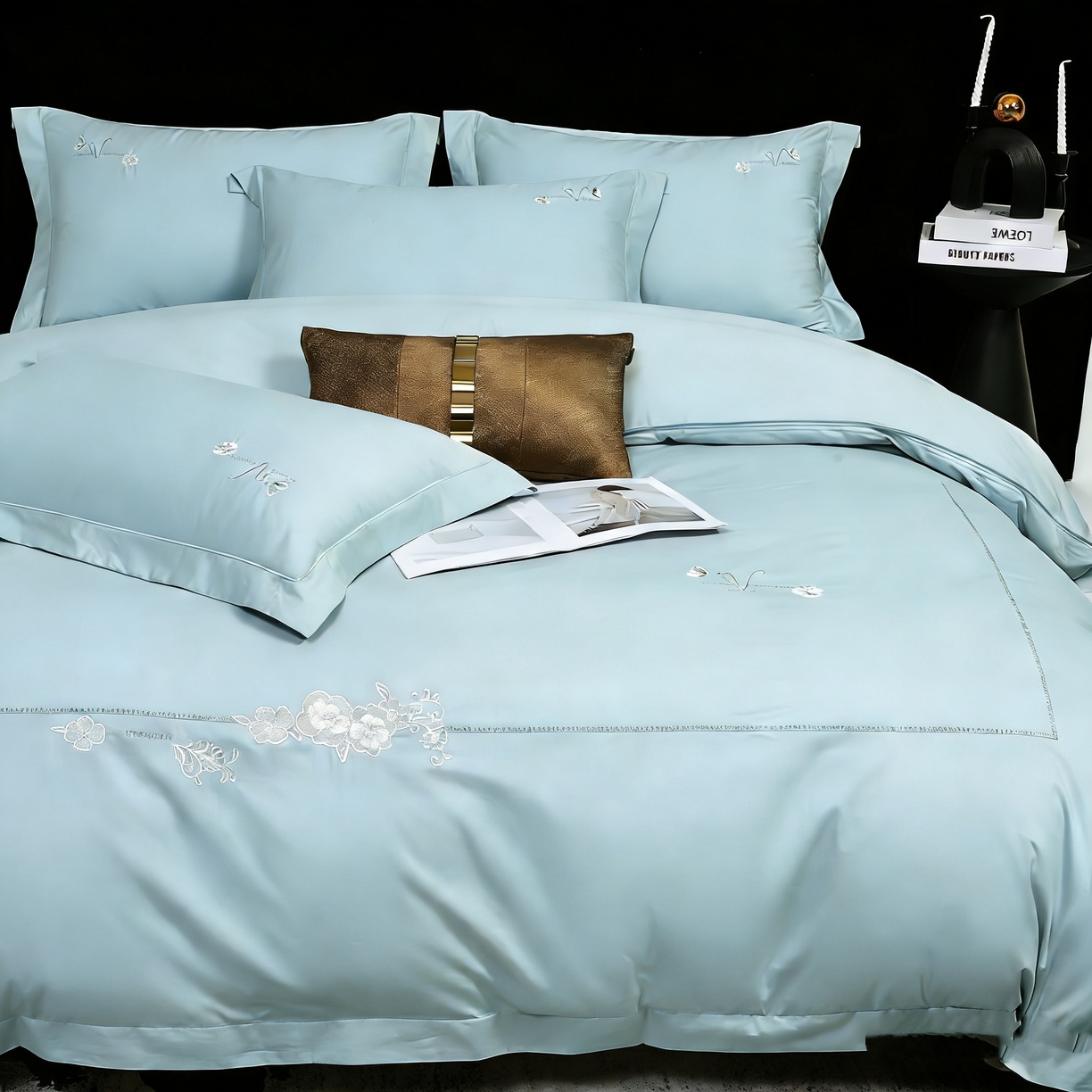 91家纺网 家纺一手货源 找家纺 U品汇 2026全棉纯棉刺绣花四件套40支长绒棉100%棉礼盒包装 华庭韵-晴天蓝