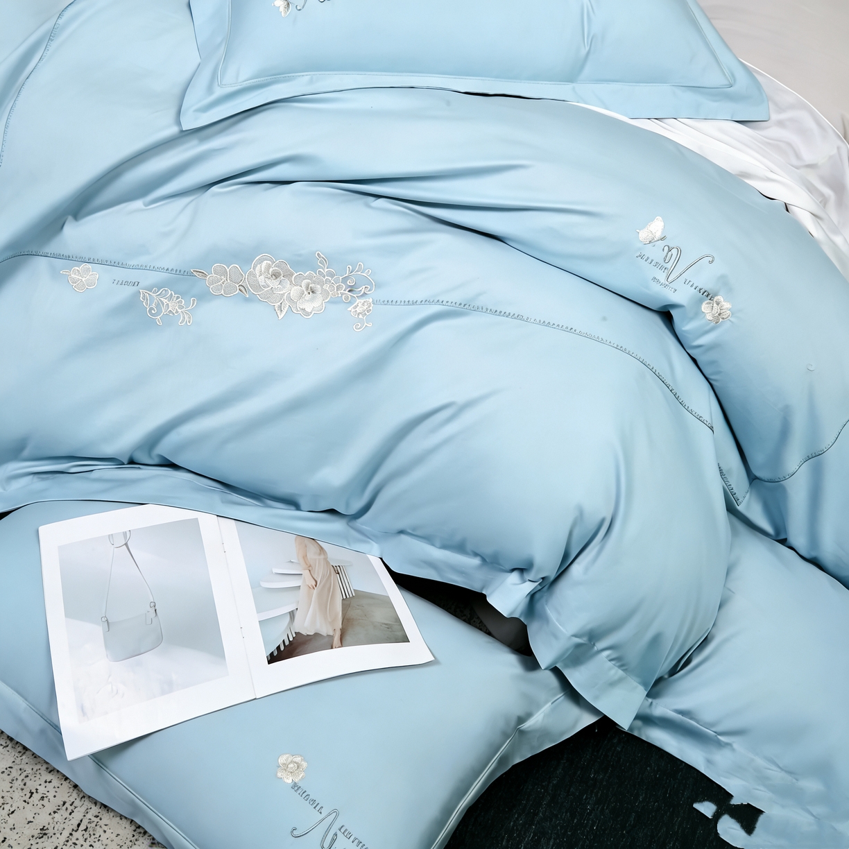 91家纺网 家纺一手货源 找家纺 U品汇 2026全棉纯棉刺绣花四件套40支长绒棉100%棉礼盒包装 华庭韵-晴天蓝