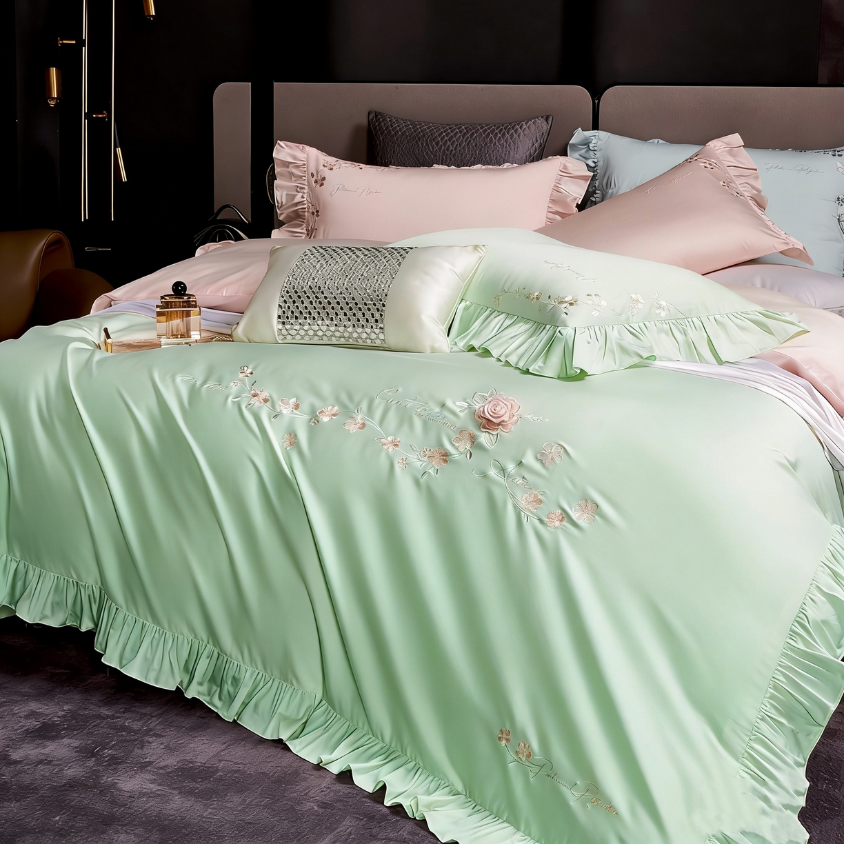 U品汇 2026新品韩版公主风花边款立体刺绣花纯棉全棉水洗棉四件套A类100%棉 炫雅-春天绿