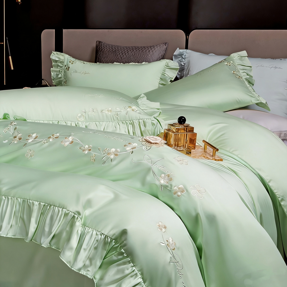 91家纺网 家纺一手货源 找家纺 U品汇 2026新品韩版公主风花边款立体刺绣花纯棉全棉水洗棉四件套A类100%棉 炫雅-春天绿