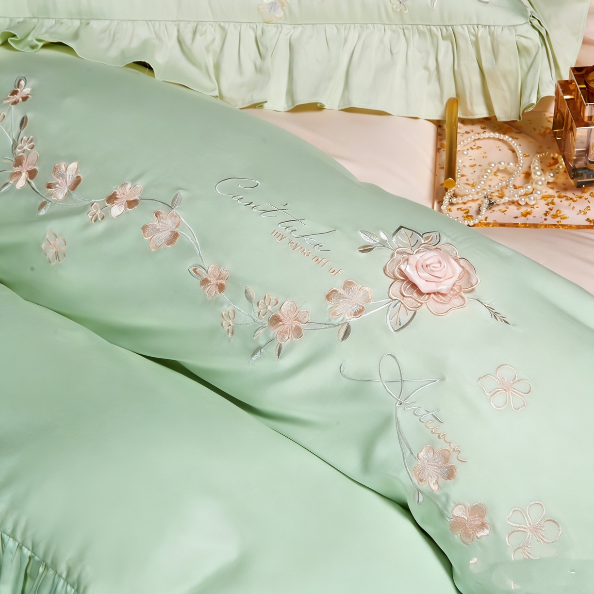 91家纺网 家纺一手货源 找家纺 U品汇 2026新品韩版公主风花边款立体刺绣花纯棉全棉水洗棉四件套A类100%棉 炫雅-春天绿