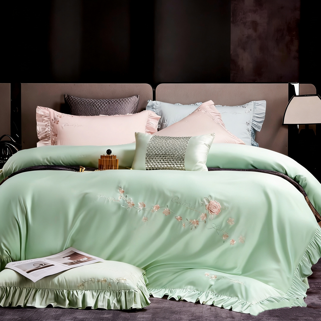 91家纺网 家纺一手货源 找家纺 U品汇 2026新品韩版公主风花边款立体刺绣花纯棉全棉水洗棉四件套A类100%棉 炫雅-春天绿