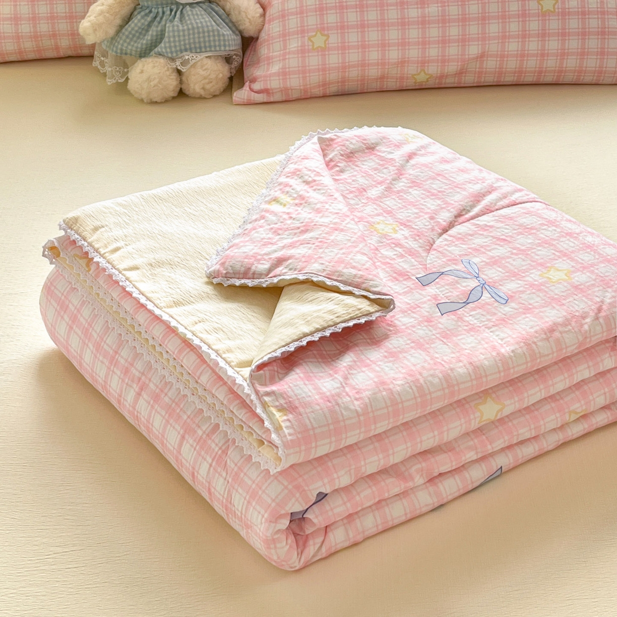 91家纺网 家纺一手货源 找家纺 川悦生活 2026新款A类双层皱皱纱夏被空调被 夏被奶油可盐