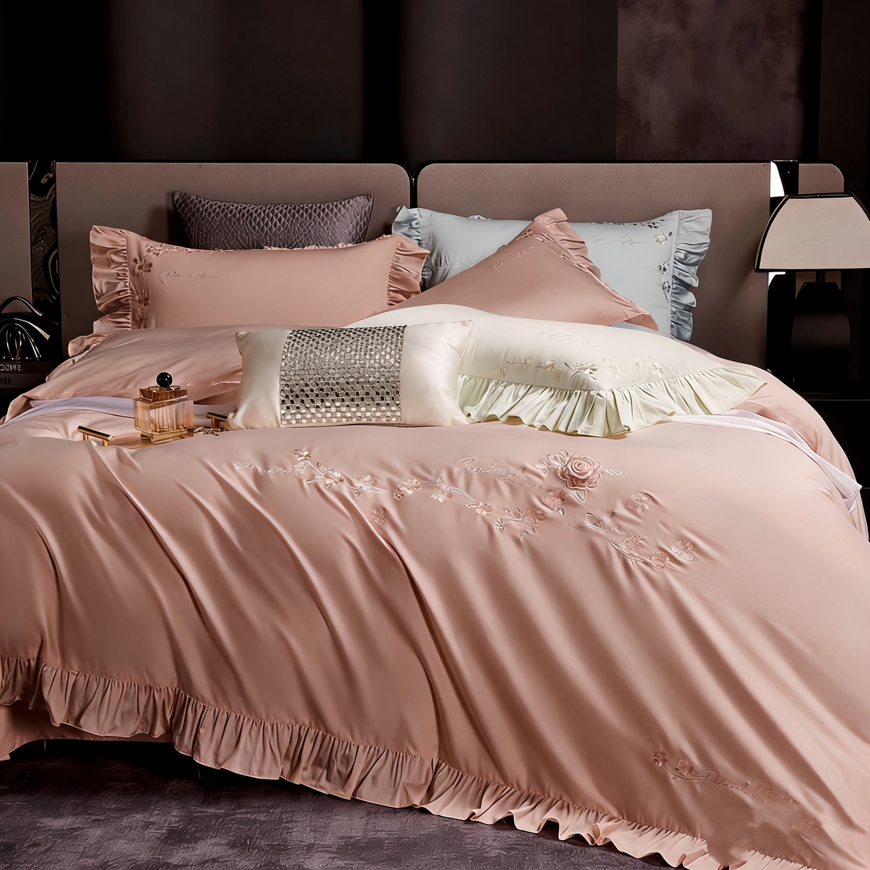 U品汇 2026新品韩版公主风花边款立体刺绣花纯棉全棉水洗棉四件套A类100%棉 炫雅-豆沙