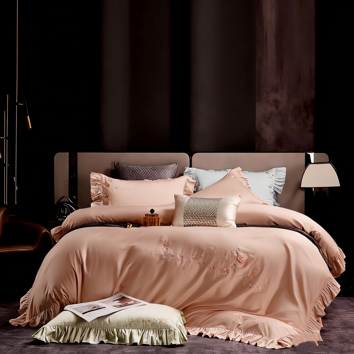 91家纺网 家纺一手货源 找家纺 U品汇 2026新品韩版公主风花边款立体刺绣花纯棉全棉水洗棉四件套A类100%棉 炫雅-豆沙