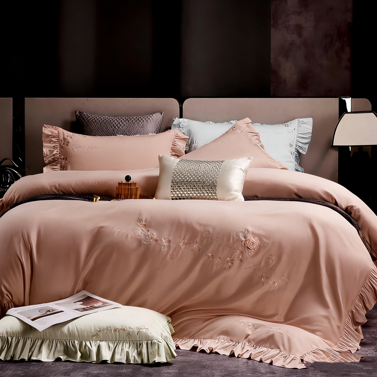 91家纺网 家纺一手货源 找家纺 U品汇 2026新品韩版公主风花边款立体刺绣花纯棉全棉水洗棉四件套A类100%棉 炫雅-豆沙