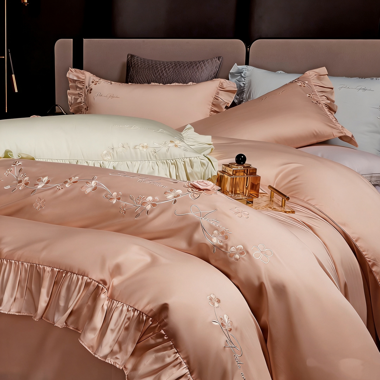 91家纺网 家纺一手货源 找家纺 U品汇 2026新品韩版公主风花边款立体刺绣花纯棉全棉水洗棉四件套A类100%棉 炫雅-豆沙