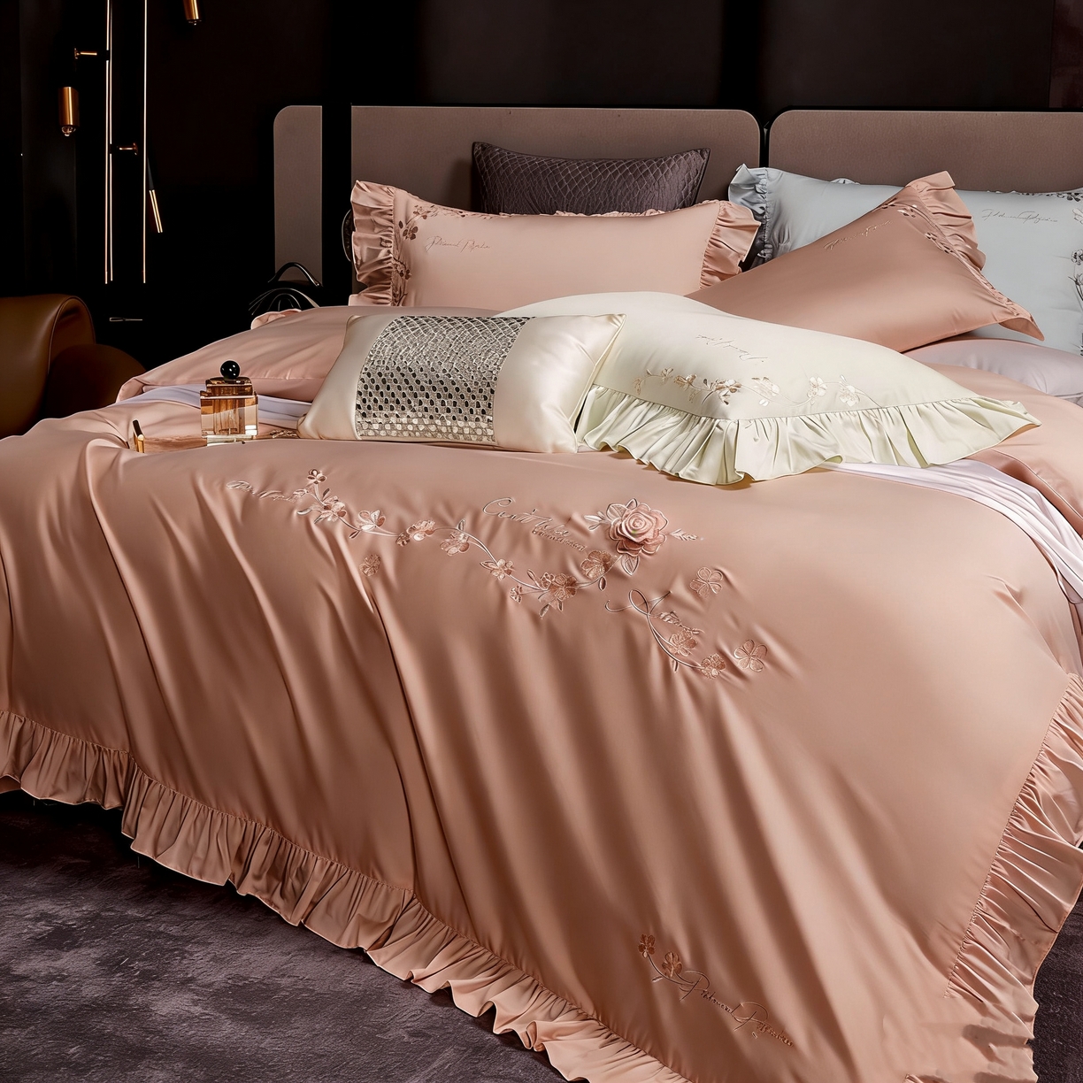 91家纺网 家纺一手货源 找家纺 U品汇 2026新品韩版公主风花边款立体刺绣花纯棉全棉水洗棉四件套A类100%棉 炫雅-豆沙