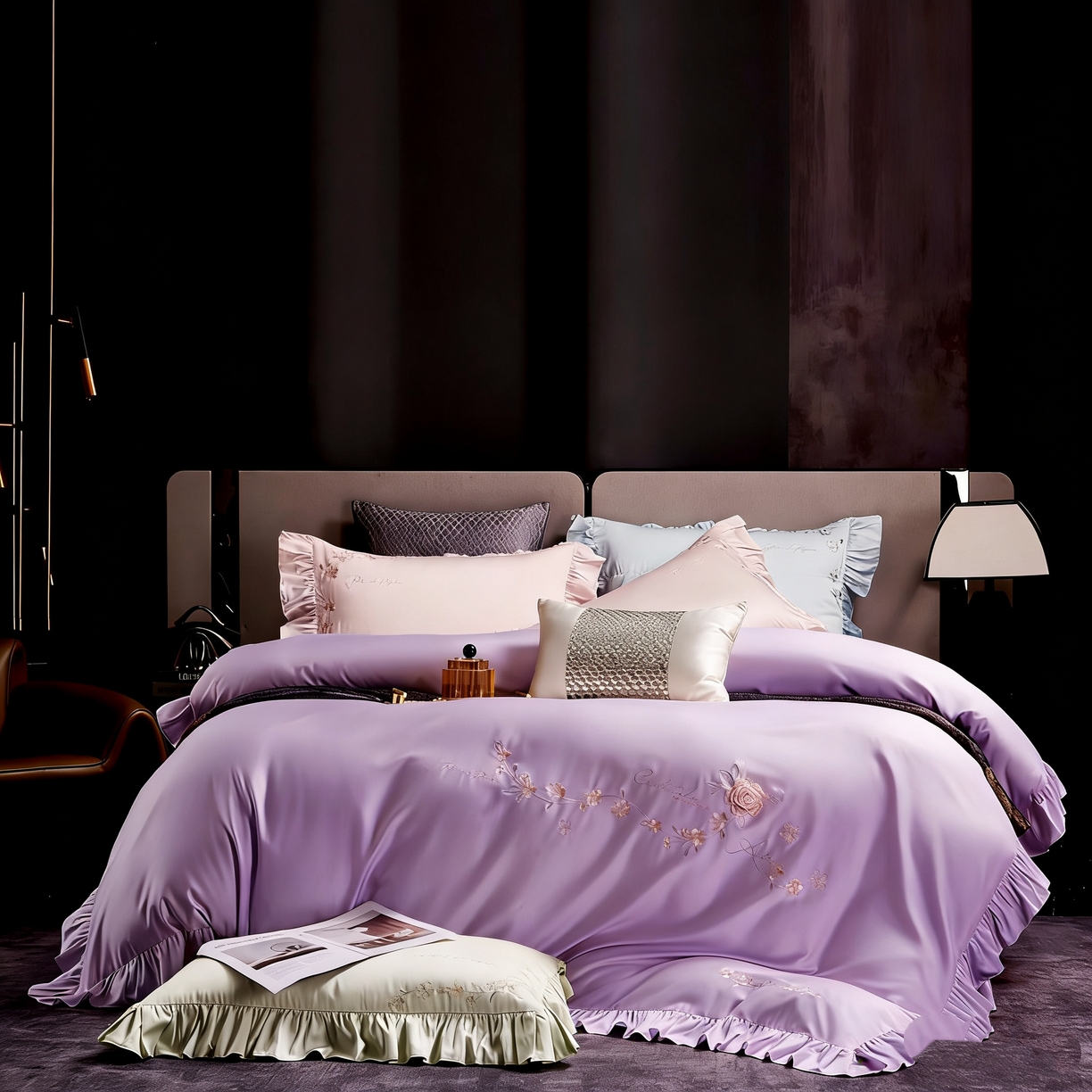 91家纺网 家纺一手货源 找家纺 U品汇 2026新品韩版公主风花边款立体刺绣花纯棉全棉水洗棉四件套A类100%棉 炫雅-风霞紫