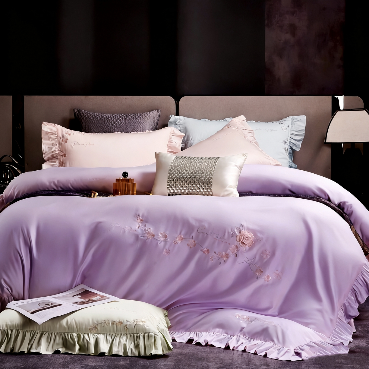 91家纺网 家纺一手货源 找家纺 U品汇 2026新品韩版公主风花边款立体刺绣花纯棉全棉水洗棉四件套A类100%棉 炫雅-风霞紫