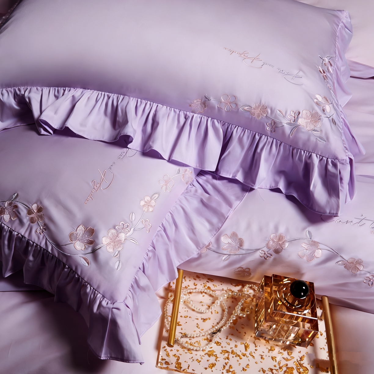 91家纺网 家纺一手货源 找家纺 U品汇 2026新品韩版公主风花边款立体刺绣花纯棉全棉水洗棉四件套A类100%棉 炫雅-风霞紫