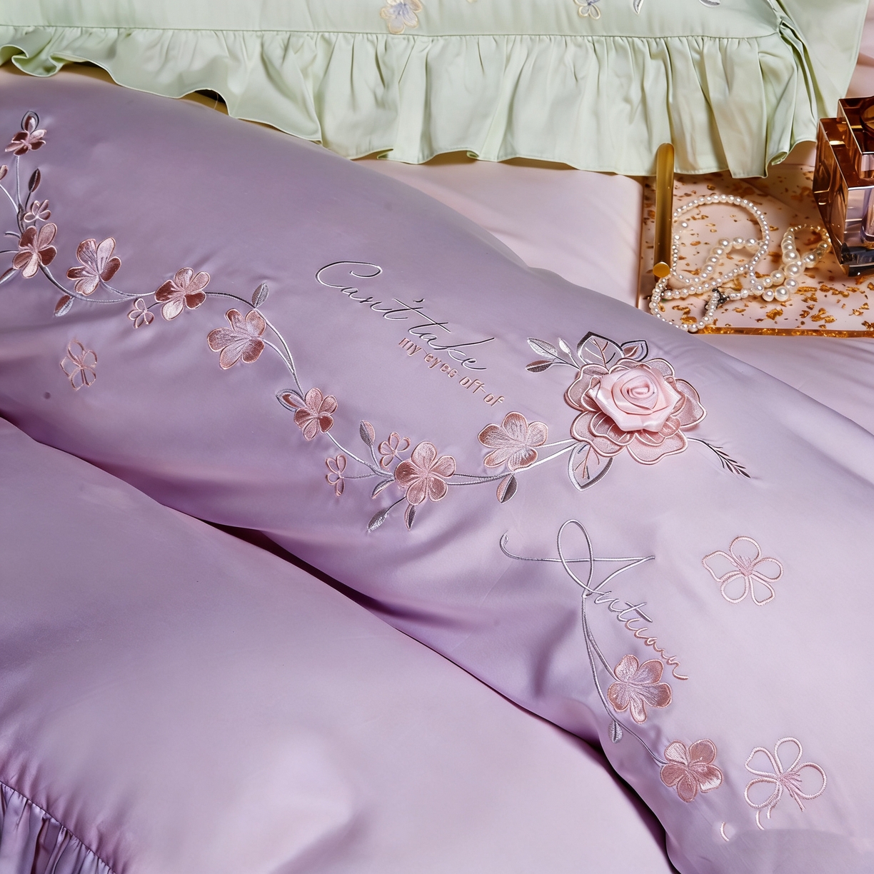 91家纺网 家纺一手货源 找家纺 U品汇 2026新品韩版公主风花边款立体刺绣花纯棉全棉水洗棉四件套A类100%棉 炫雅-风霞紫