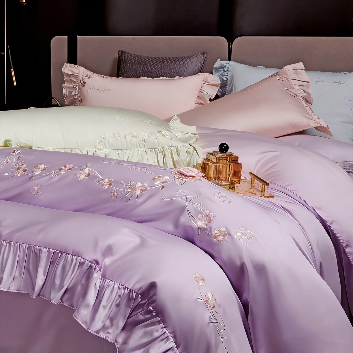 91家纺网 家纺一手货源 找家纺 U品汇 2026新品韩版公主风花边款立体刺绣花纯棉全棉水洗棉四件套A类100%棉 炫雅-风霞紫