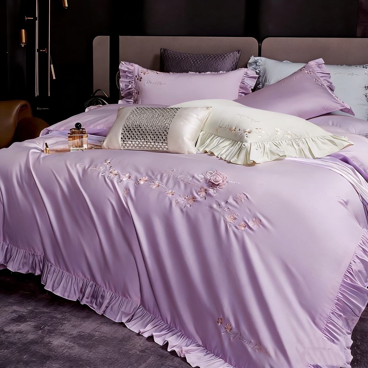 91家纺网 家纺一手货源 找家纺 U品汇 2026新品韩版公主风花边款立体刺绣花纯棉全棉水洗棉四件套A类100%棉 炫雅-风霞紫