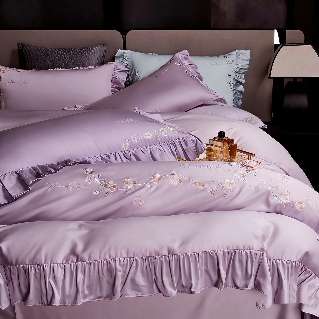 91家纺网 家纺一手货源 找家纺 U品汇 2026新品韩版公主风花边款立体刺绣花纯棉全棉水洗棉四件套A类100%棉 炫雅-风霞紫