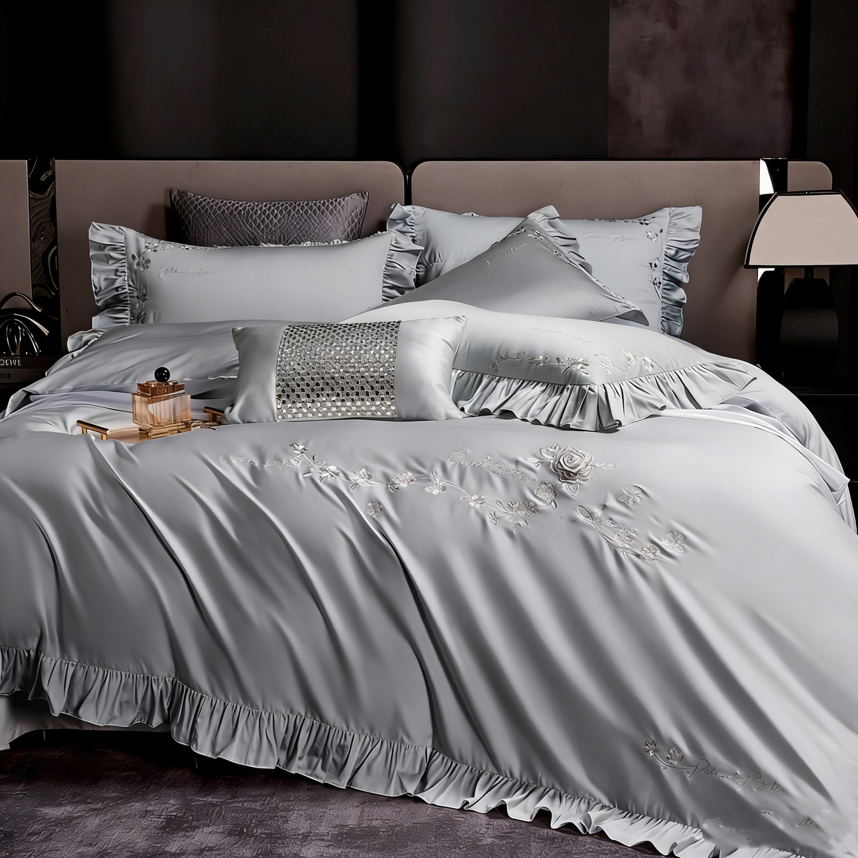 U品汇 2026新品韩版公主风花边款立体刺绣花纯棉全棉水洗棉四件套A类100%棉 炫雅-高级灰