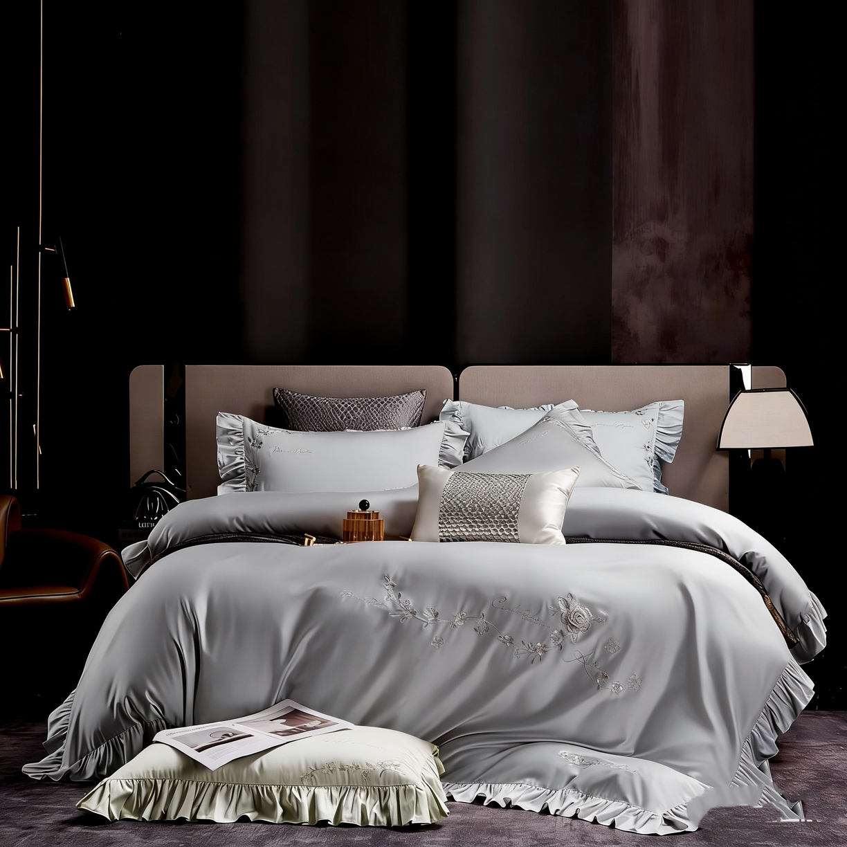 91家纺网 家纺一手货源 找家纺 U品汇 2026新品韩版公主风花边款立体刺绣花纯棉全棉水洗棉四件套A类100%棉 炫雅-高级灰