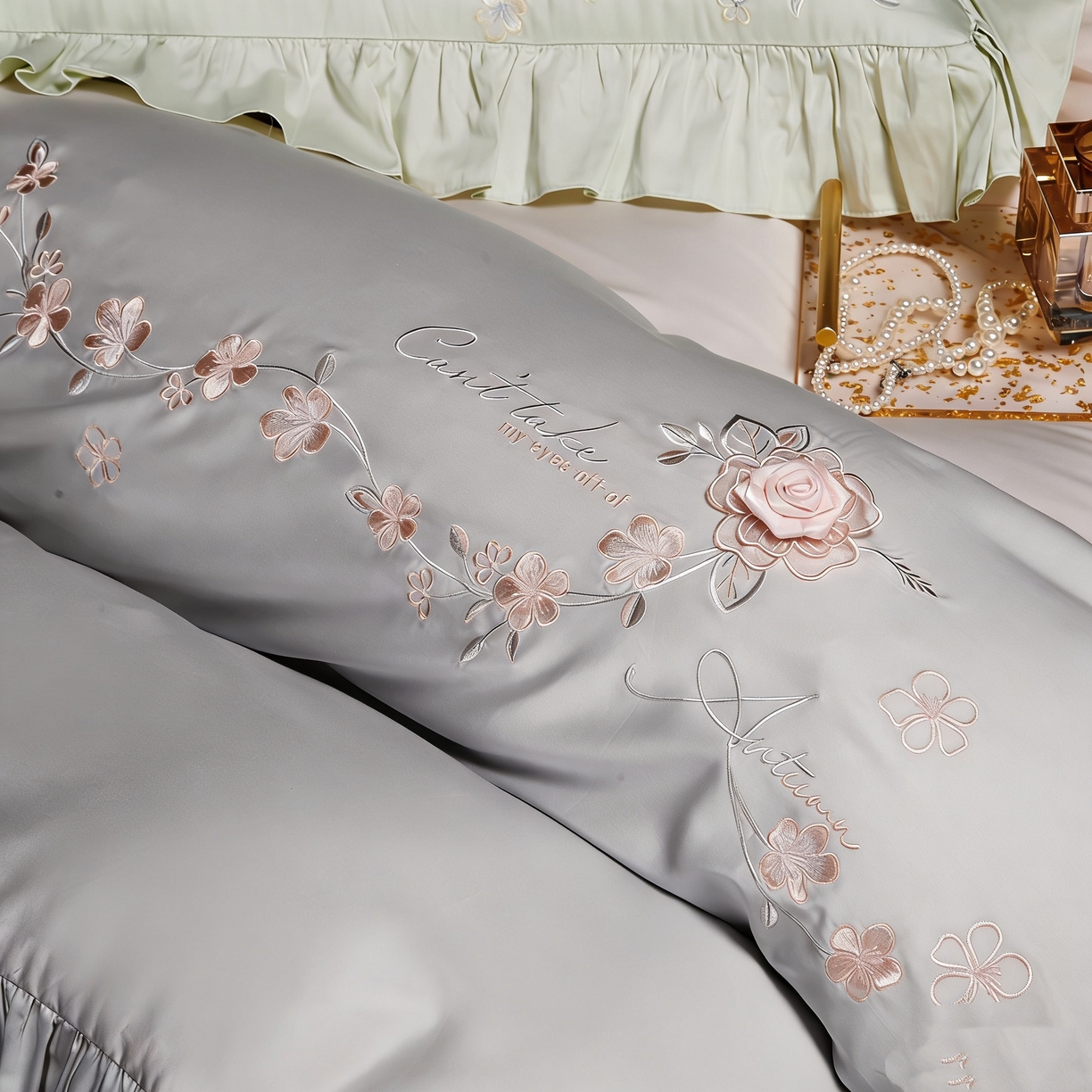 91家纺网 家纺一手货源 找家纺 U品汇 2026新品韩版公主风花边款立体刺绣花纯棉全棉水洗棉四件套A类100%棉 炫雅-高级灰