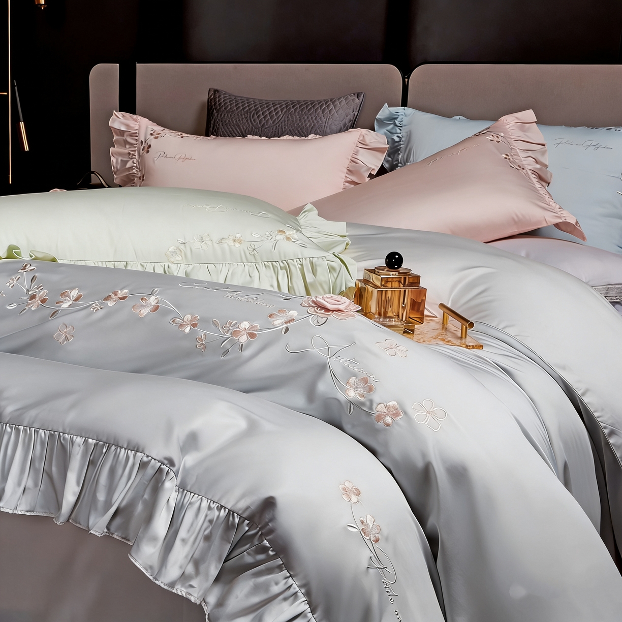 91家纺网 家纺一手货源 找家纺 U品汇 2026新品韩版公主风花边款立体刺绣花纯棉全棉水洗棉四件套A类100%棉 炫雅-高级灰