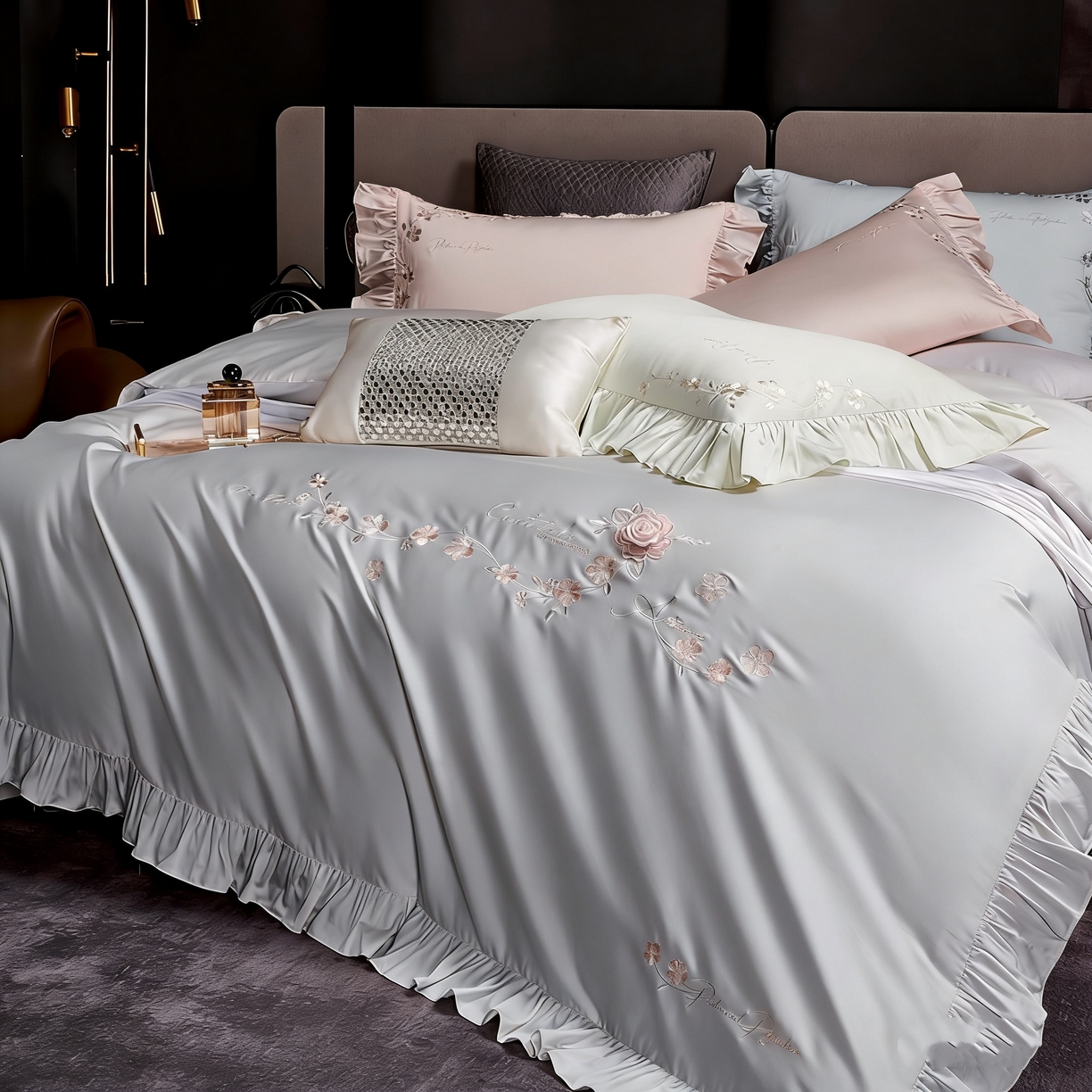 91家纺网 家纺一手货源 找家纺 U品汇 2026新品韩版公主风花边款立体刺绣花纯棉全棉水洗棉四件套A类100%棉 炫雅-高级灰