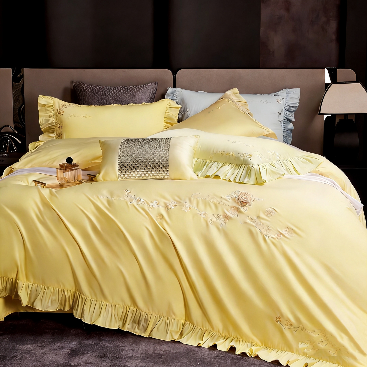 U品汇 2026新品韩版公主风花边款立体刺绣花纯棉全棉水洗棉四件套A类100%棉 炫雅-柠檬黄