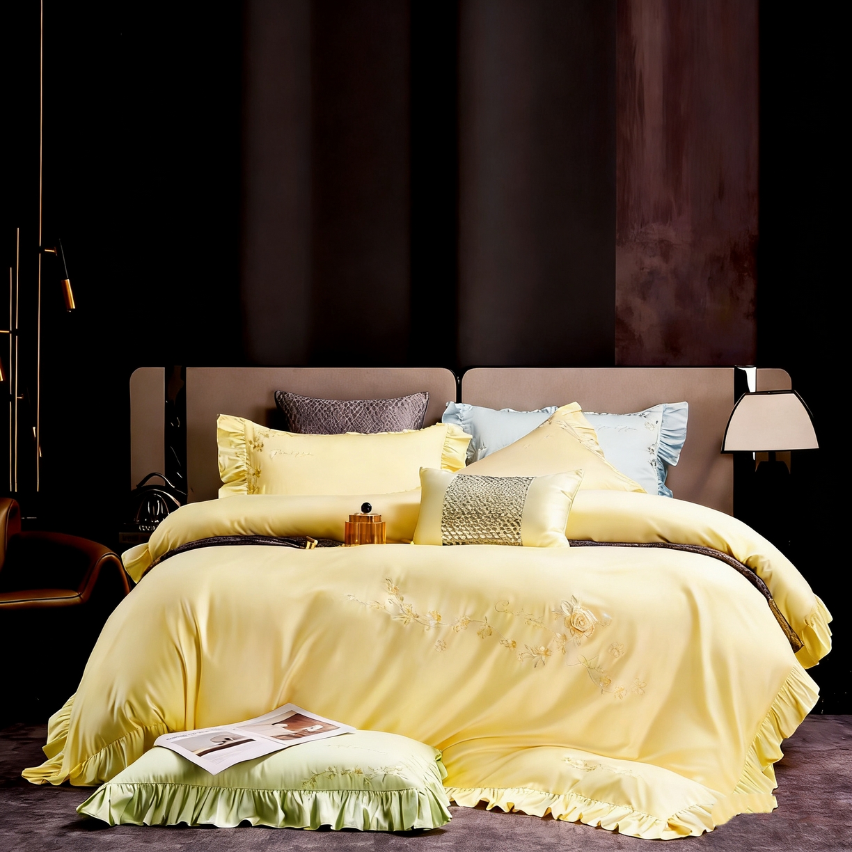 91家纺网 家纺一手货源 找家纺 U品汇 2026新品韩版公主风花边款立体刺绣花纯棉全棉水洗棉四件套A类100%棉 炫雅-柠檬黄