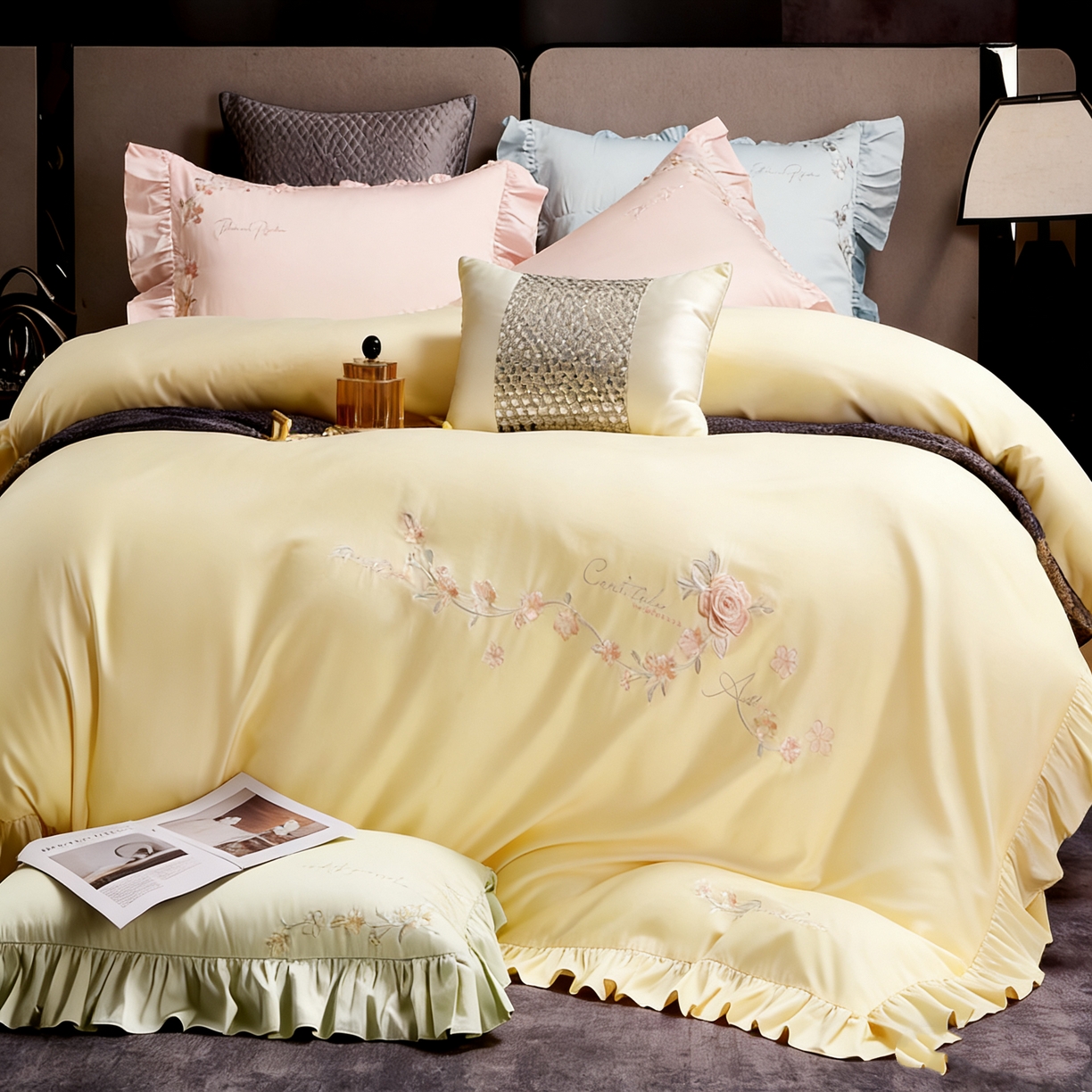 91家纺网 家纺一手货源 找家纺 U品汇 2026新品韩版公主风花边款立体刺绣花纯棉全棉水洗棉四件套A类100%棉 炫雅-柠檬黄