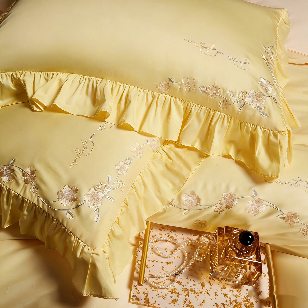 91家纺网 家纺一手货源 找家纺 U品汇 2026新品韩版公主风花边款立体刺绣花纯棉全棉水洗棉四件套A类100%棉 炫雅-柠檬黄