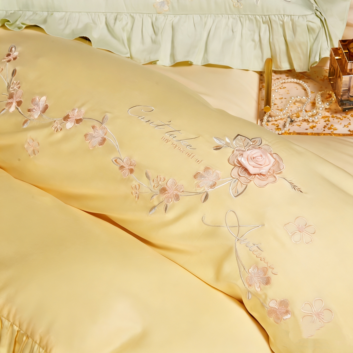 91家纺网 家纺一手货源 找家纺 U品汇 2026新品韩版公主风花边款立体刺绣花纯棉全棉水洗棉四件套A类100%棉 炫雅-柠檬黄