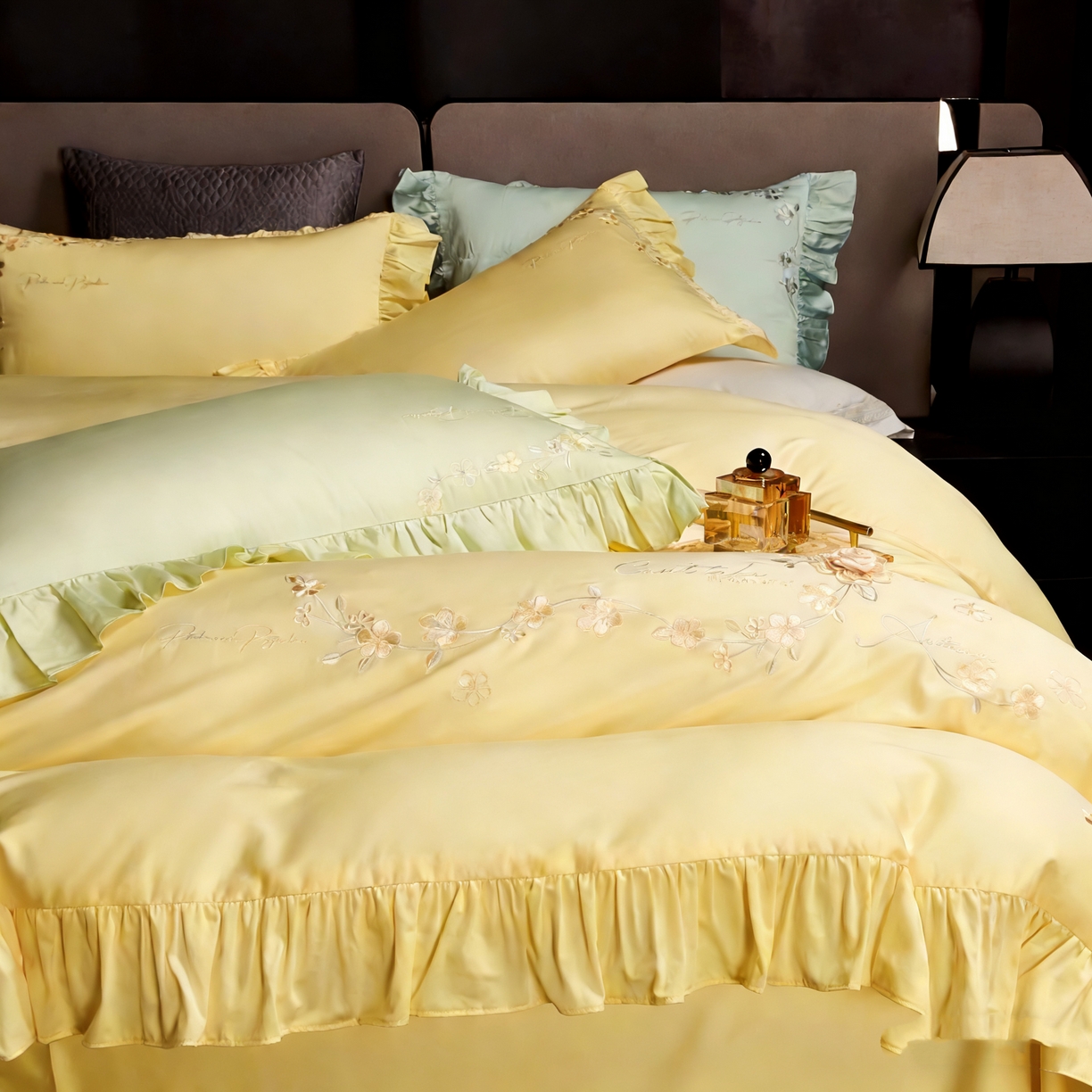 91家纺网 家纺一手货源 找家纺 U品汇 2026新品韩版公主风花边款立体刺绣花纯棉全棉水洗棉四件套A类100%棉 炫雅-柠檬黄