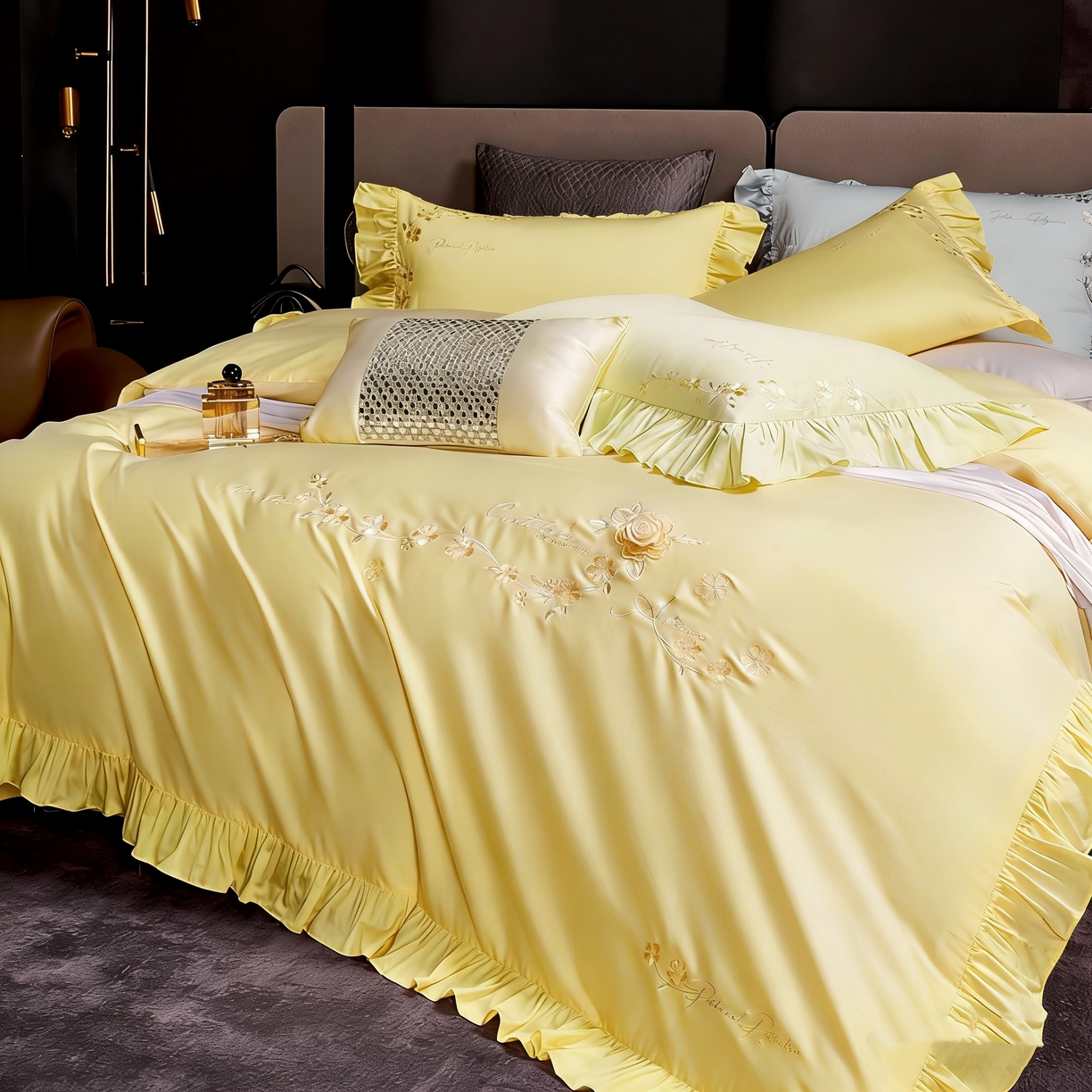 91家纺网 家纺一手货源 找家纺 U品汇 2026新品韩版公主风花边款立体刺绣花纯棉全棉水洗棉四件套A类100%棉 炫雅-柠檬黄