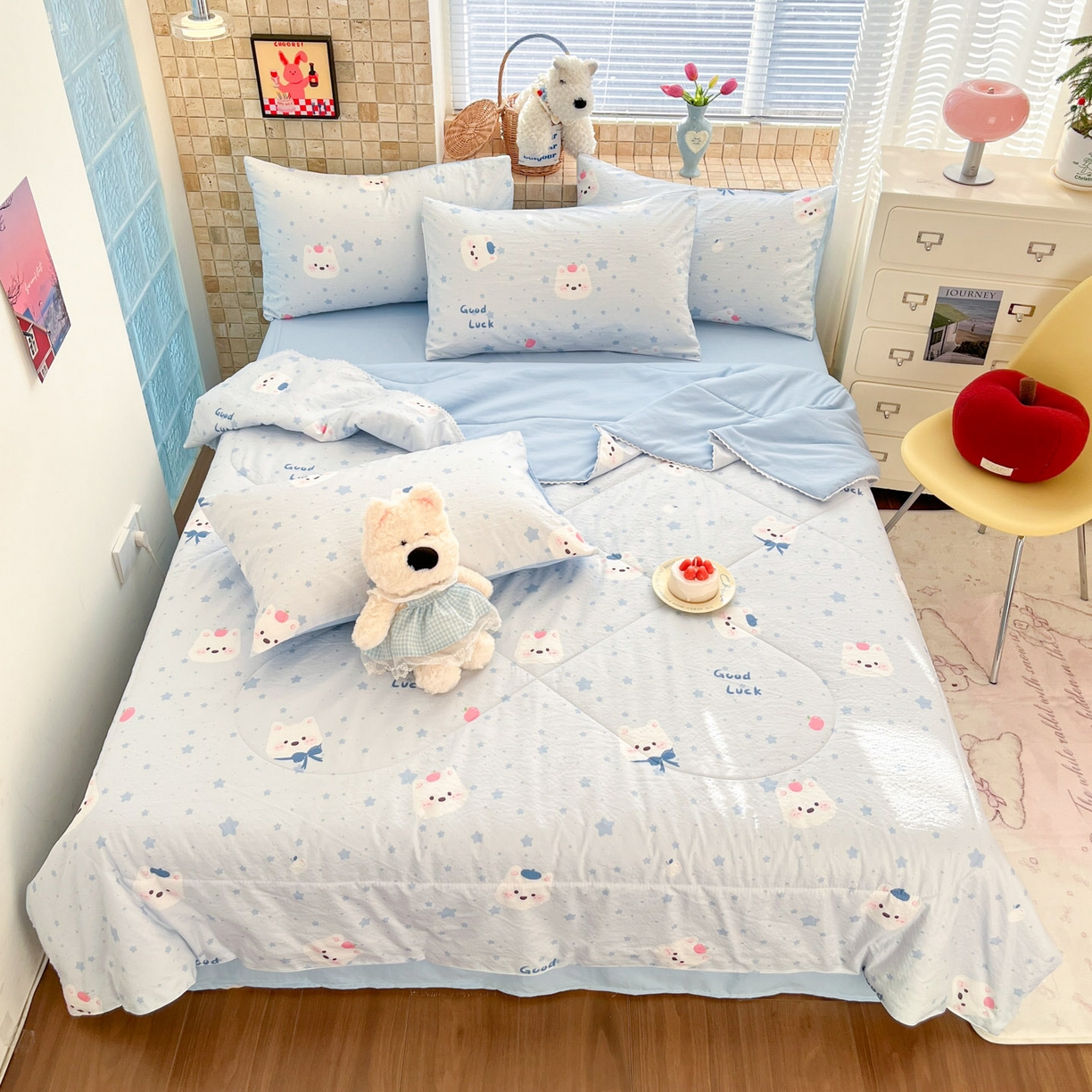 91家纺网 家纺一手货源 找家纺 川悦生活 2026新款A类双层皱皱纱夏被空调被 夏被星星西高地