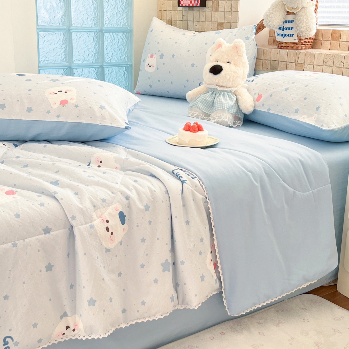 91家纺网 家纺一手货源 找家纺 川悦生活 2026新款A类双层皱皱纱夏被空调被 夏被星星西高地