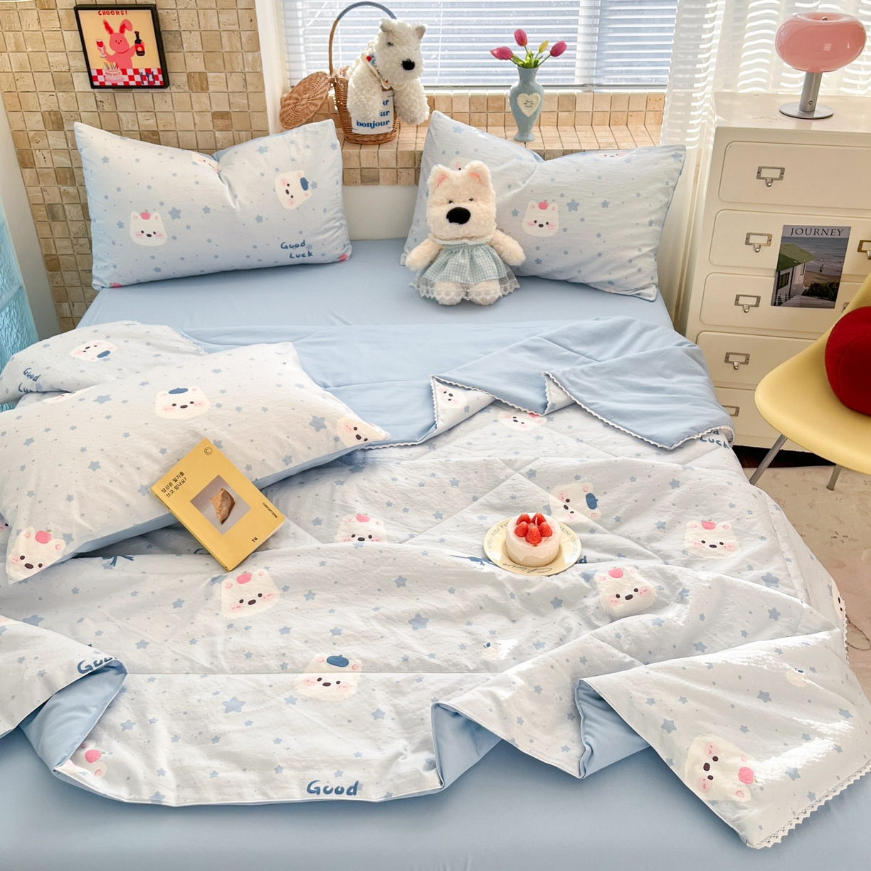 91家纺网 家纺一手货源 找家纺 川悦生活 2026新款A类双层皱皱纱夏被空调被 夏被星星西高地