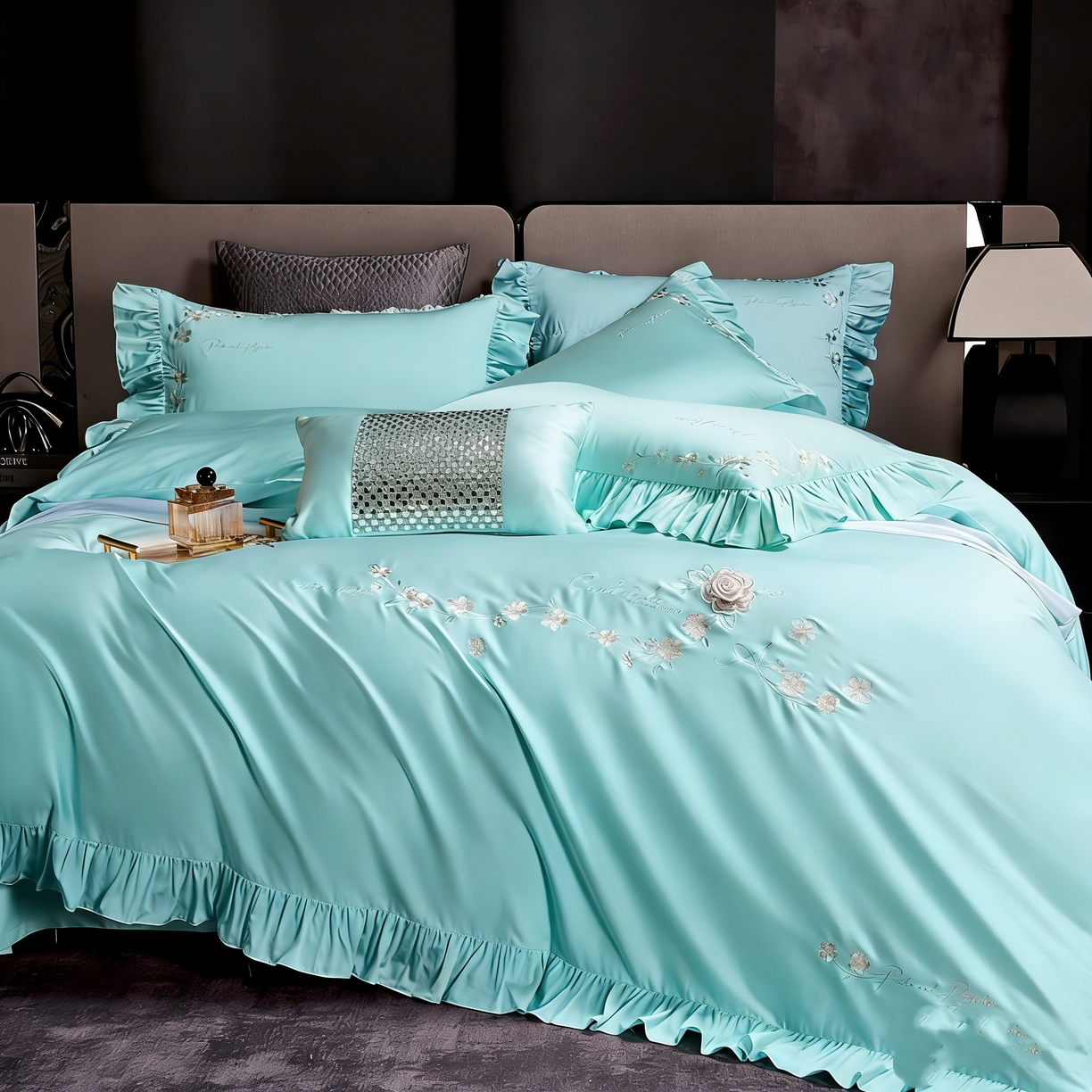 U品汇 2026新品韩版公主风花边款立体刺绣花纯棉全棉水洗棉四件套A类100%棉 炫雅-清澈兰