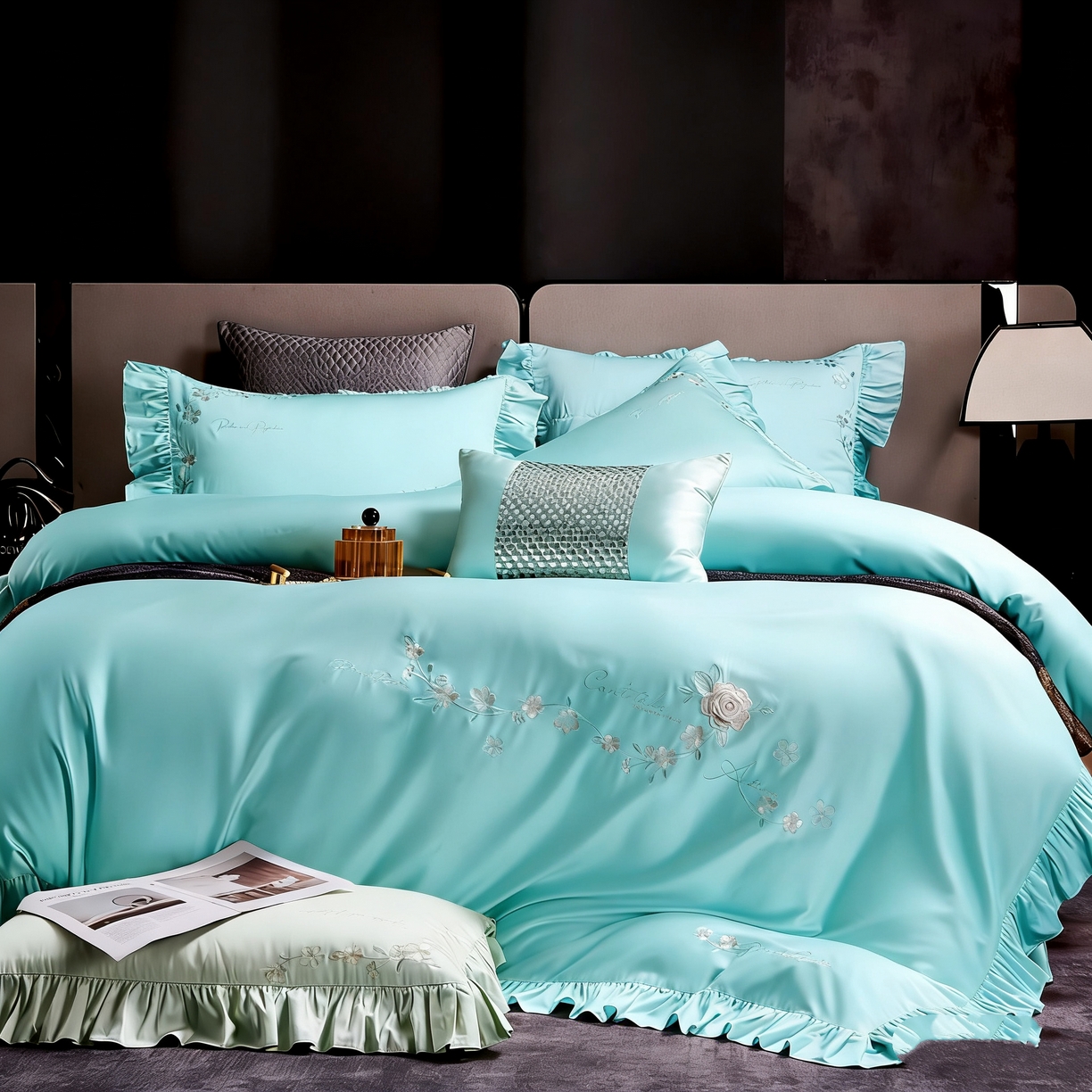 91家纺网 家纺一手货源 找家纺 U品汇 2026新品韩版公主风花边款立体刺绣花纯棉全棉水洗棉四件套A类100%棉 炫雅-清澈兰