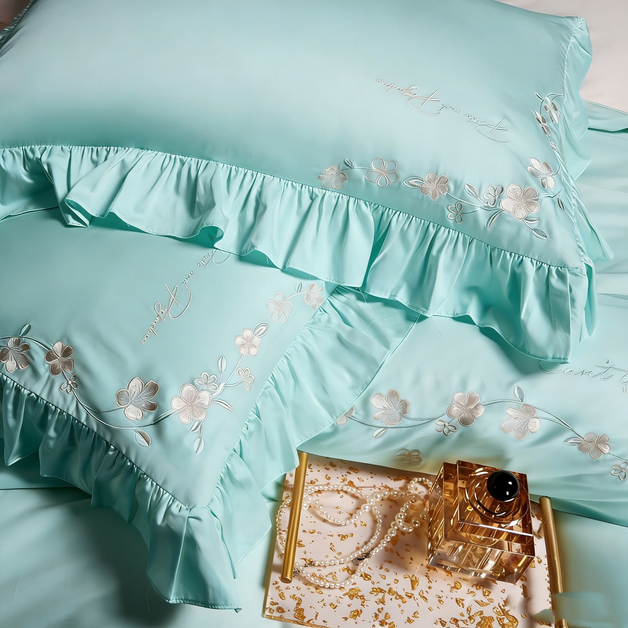 91家纺网 家纺一手货源 找家纺 U品汇 2026新品韩版公主风花边款立体刺绣花纯棉全棉水洗棉四件套A类100%棉 炫雅-清澈兰