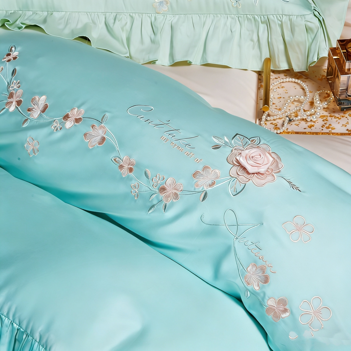 91家纺网 家纺一手货源 找家纺 U品汇 2026新品韩版公主风花边款立体刺绣花纯棉全棉水洗棉四件套A类100%棉 炫雅-清澈兰