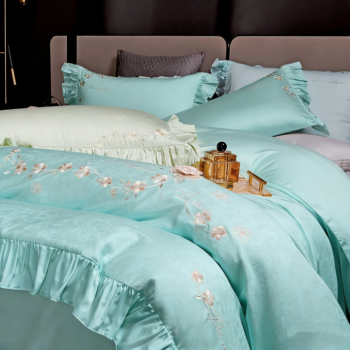 91家纺网 家纺一手货源 找家纺 U品汇 2026新品韩版公主风花边款立体刺绣花纯棉全棉水洗棉四件套A类100%棉 炫雅-清澈兰