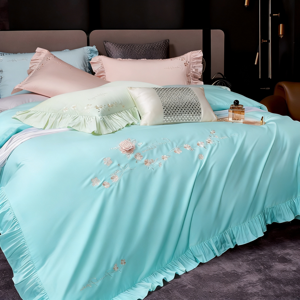 91家纺网 家纺一手货源 找家纺 U品汇 2026新品韩版公主风花边款立体刺绣花纯棉全棉水洗棉四件套A类100%棉 炫雅-清澈兰