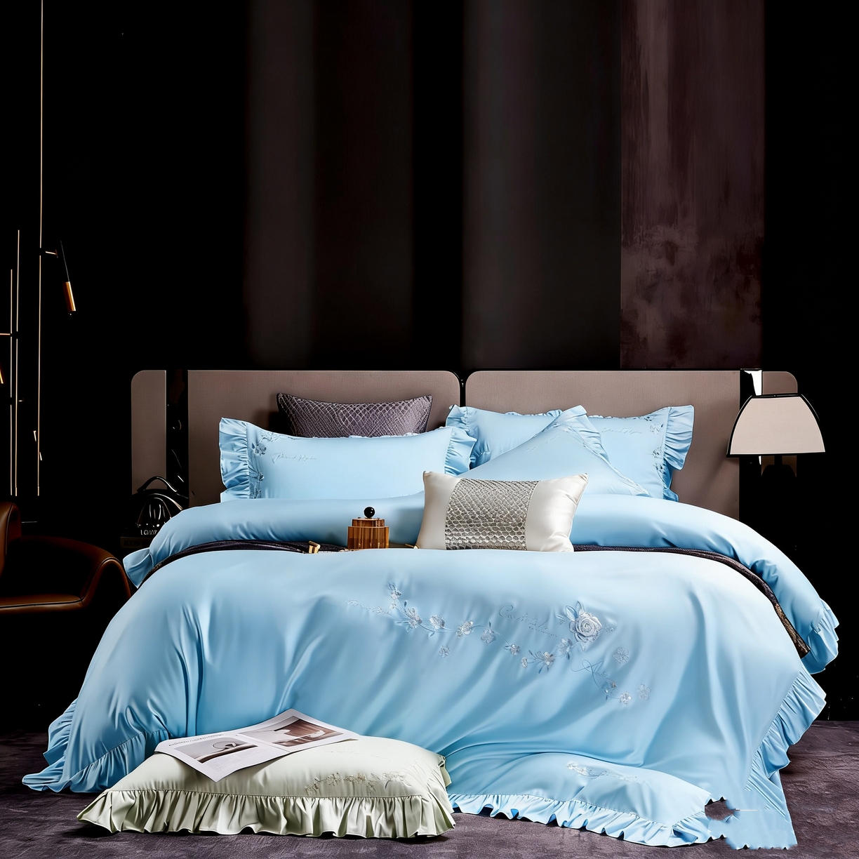 91家纺网 家纺一手货源 找家纺 U品汇 2026新品韩版公主风花边款立体刺绣花纯棉全棉水洗棉四件套A类100%棉 炫雅-晴天蓝