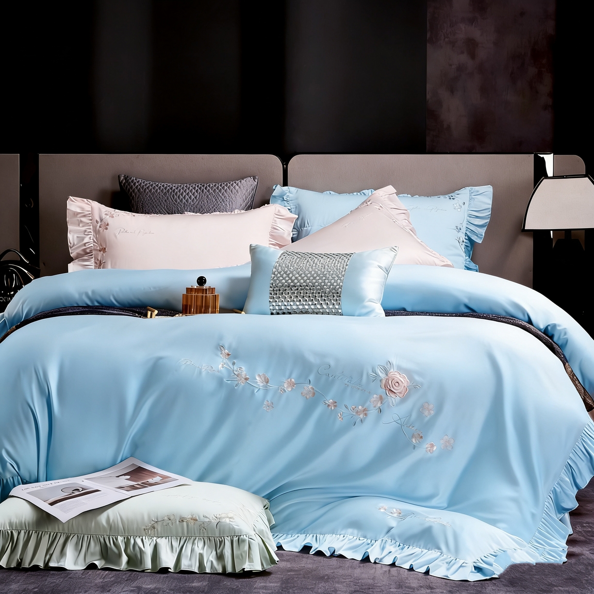 91家纺网 家纺一手货源 找家纺 U品汇 2026新品韩版公主风花边款立体刺绣花纯棉全棉水洗棉四件套A类100%棉 炫雅-晴天蓝