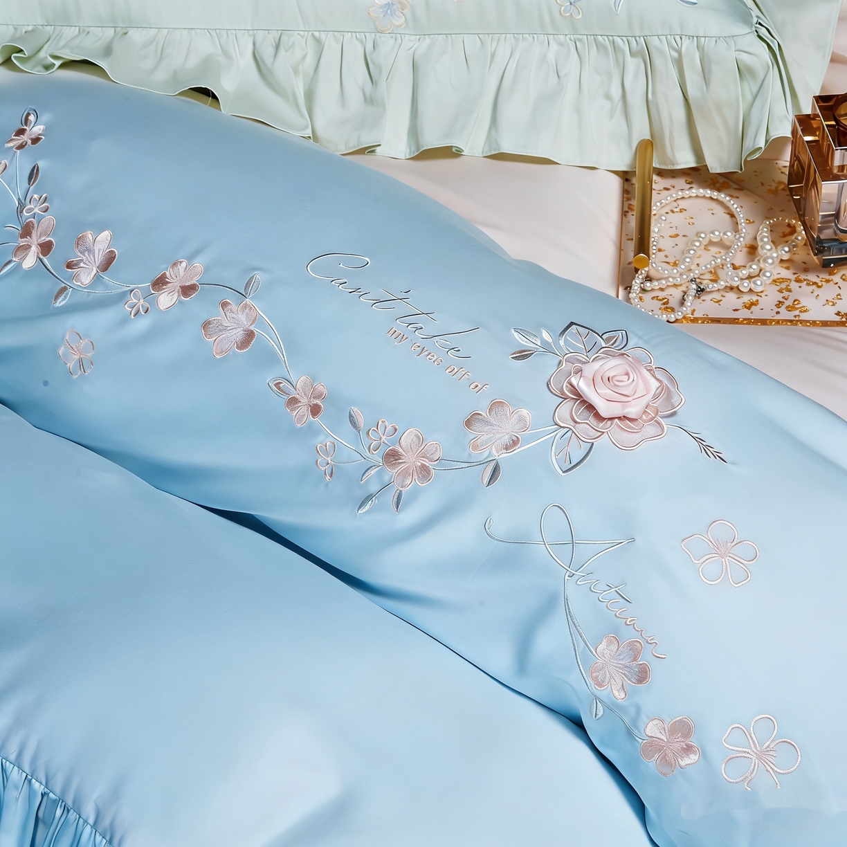 91家纺网 家纺一手货源 找家纺 U品汇 2026新品韩版公主风花边款立体刺绣花纯棉全棉水洗棉四件套A类100%棉 炫雅-晴天蓝