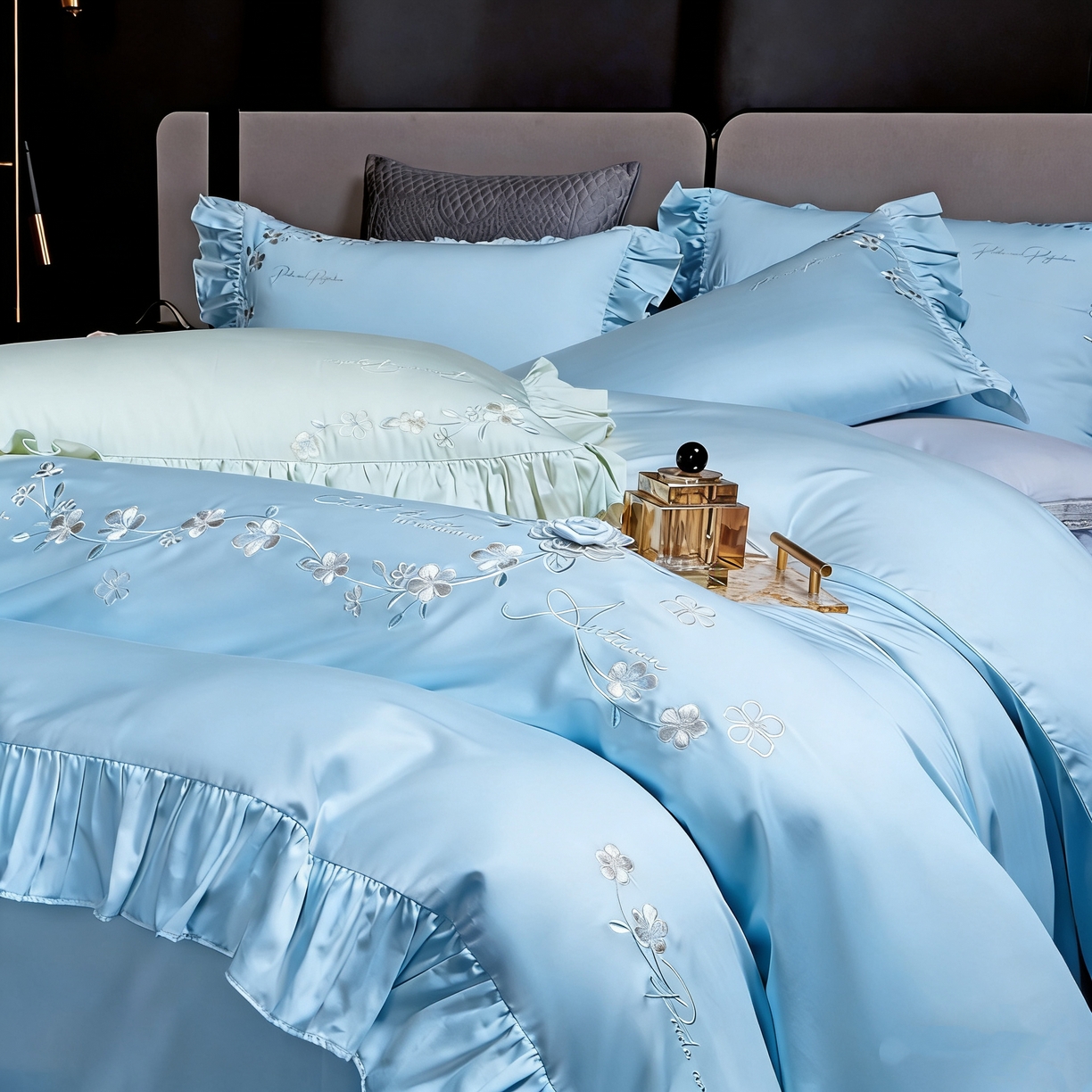 91家纺网 家纺一手货源 找家纺 U品汇 2026新品韩版公主风花边款立体刺绣花纯棉全棉水洗棉四件套A类100%棉 炫雅-晴天蓝