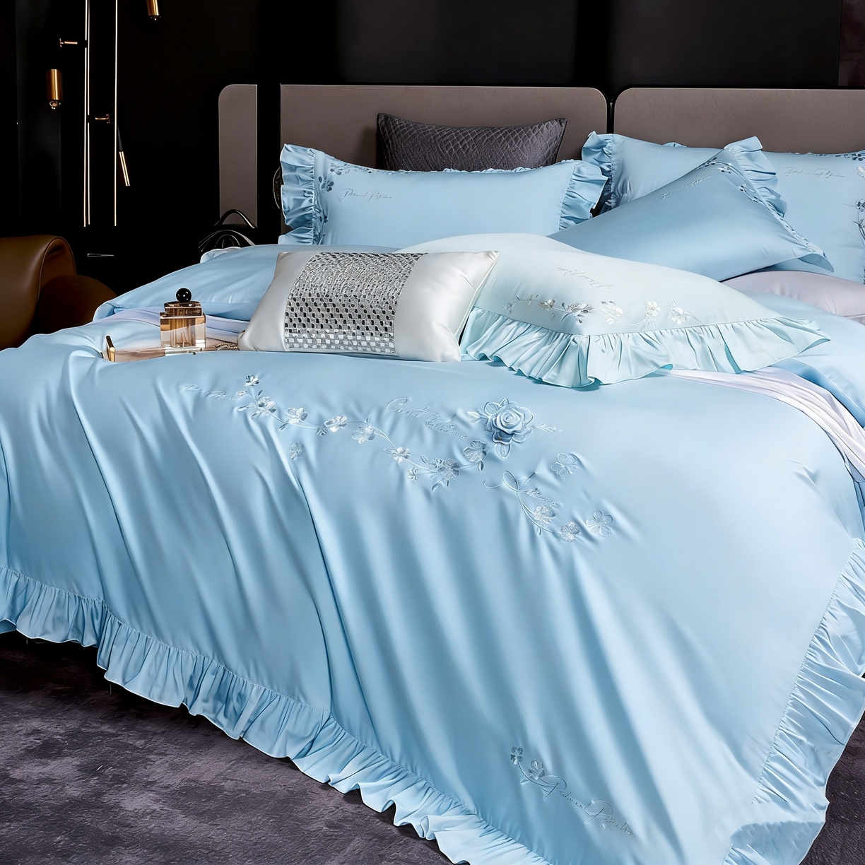 91家纺网 家纺一手货源 找家纺 U品汇 2026新品韩版公主风花边款立体刺绣花纯棉全棉水洗棉四件套A类100%棉 炫雅-晴天蓝